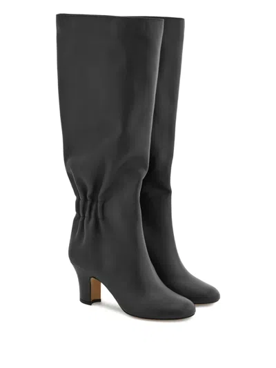 Ferragamo Knee-high Boots With Curled Design And Block Heel In Black