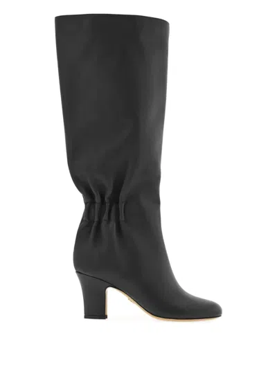 Ferragamo Knee-high Boots With Curled Design And Block Heel In Black
