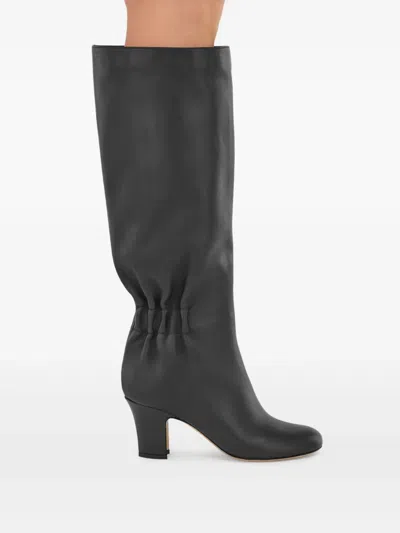 Ferragamo Knee-high Boots With Curled Design And Block Heel In Black