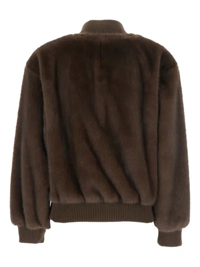 P.a.r.o.s.h . Faux Fur Bomber Jacket With Textured Appearance And Ribbed Details In Brown