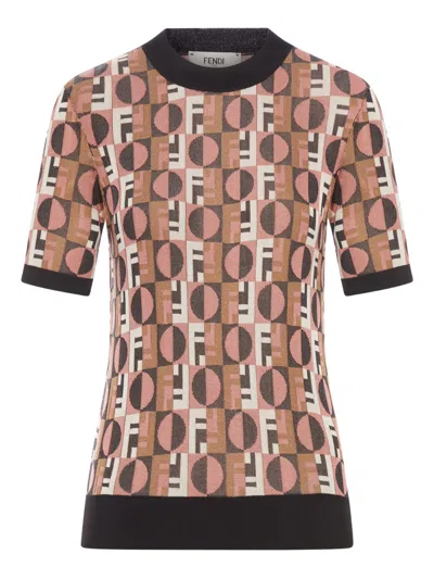 Fendi Women Embroidered Stretch Viscose Blend Sweater In Brown