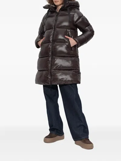 Save The Duck Glossy Long Puffer Jacket With Adjustable Collar And Plumtech Insulation In Brown