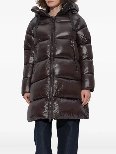 Save The Duck Glossy Long Puffer Jacket With Adjustable Collar And Plumtech Insulation In Brown