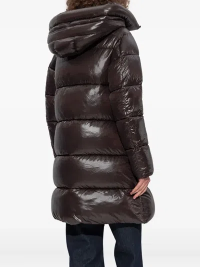 Save The Duck Glossy Long Puffer Jacket With Adjustable Collar And Plumtech Insulation In Brown