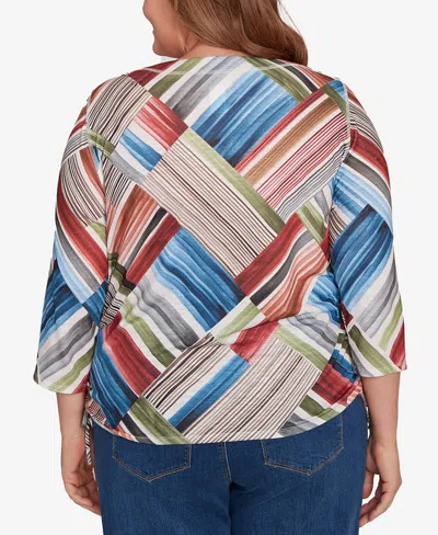 Alfred Dunner Plus Size Classic Stripe Patchwork Ruched Sides Top In Multi