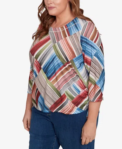 Alfred Dunner Plus Size Classic Stripe Patchwork Ruched Sides Top In Multi
