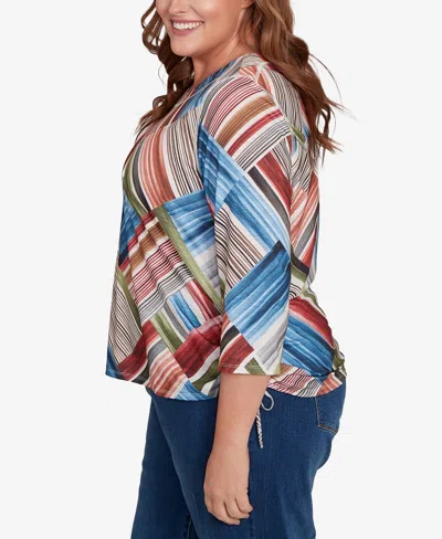 Alfred Dunner Plus Size Classic Stripe Patchwork Ruched Sides Top In Multi