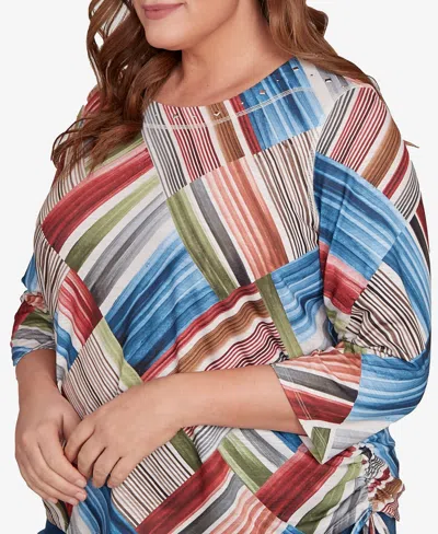 Alfred Dunner Plus Size Classic Stripe Patchwork Ruched Sides Top In Multi