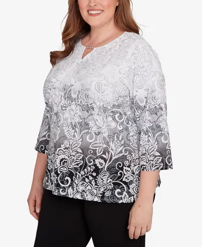 Alfred Dunner Plus Size Ombre Scroll Split Beaded Neck Top In Gray