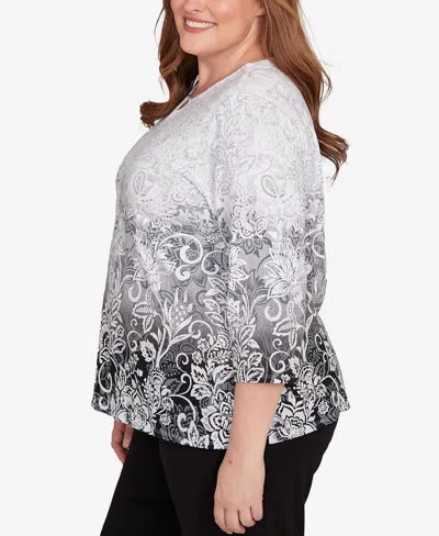 Alfred Dunner Plus Size Ombre Scroll Split Beaded Neck Top In Gray