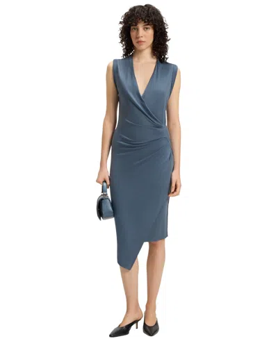 Hugo Boss Wrap-front Dress With Gathered Details In Blue