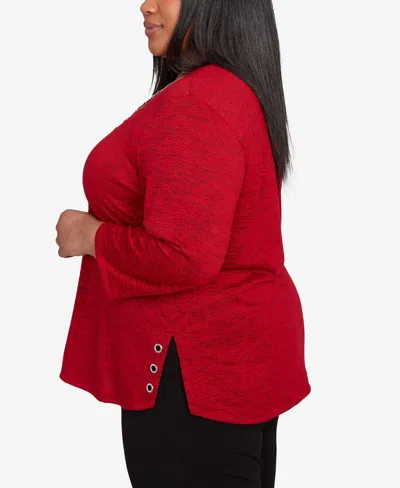 Alfred Dunner Plus Size Classic Melange Side Button Top In Red