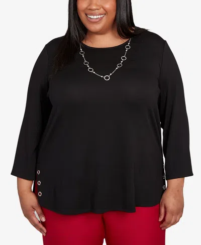 Alfred Dunner Plus Size Classic Melange Side Button Top In Black