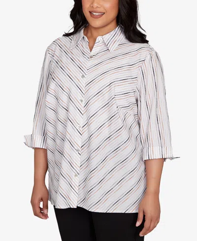 Alfred Dunner Plus Size Classic Mitered Textured Stripe Button Front Top In White