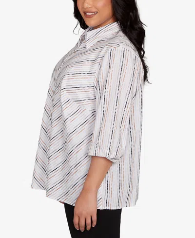 Alfred Dunner Plus Size Classic Mitered Textured Stripe Button Front Top In White