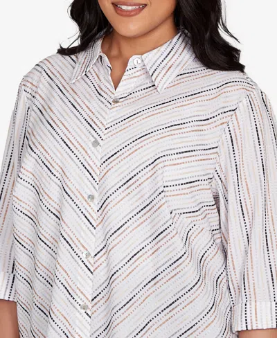 Alfred Dunner Plus Size Classic Mitered Textured Stripe Button Front Top In White