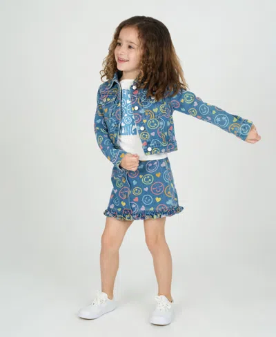 Rare Editions Little Girls 3-piece Smiley Denim Jacket, Ruffle Hem Skort, Crewneck T-shirt Set In Blue