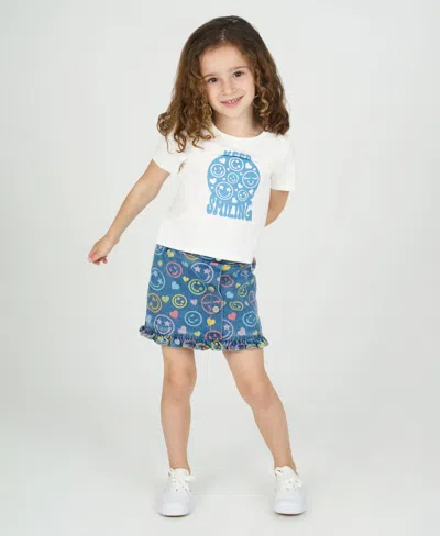Rare Editions Little Girls 3-piece Smiley Denim Jacket, Ruffle Hem Skort, Crewneck T-shirt Set In Blue
