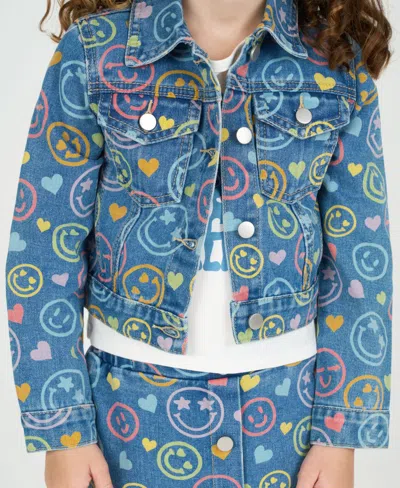 Rare Editions Little Girls 3-piece Smiley Denim Jacket, Ruffle Hem Skort, Crewneck T-shirt Set In Blue
