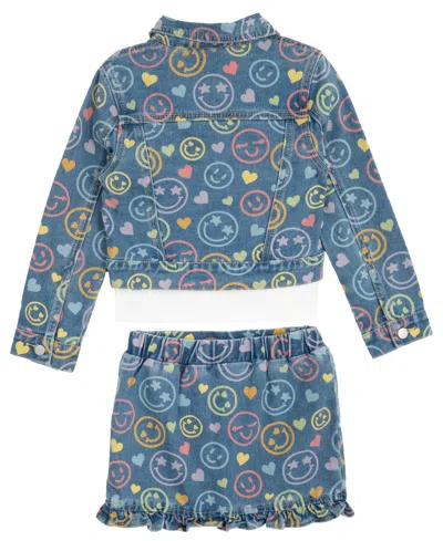Rare Editions Little Girls 3-piece Smiley Denim Jacket, Ruffle Hem Skort, Crewneck T-shirt Set In Blue