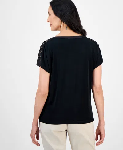 Jm Collection Women's Lace-up Shoulder Knit, Exclusively At Macy's In Black