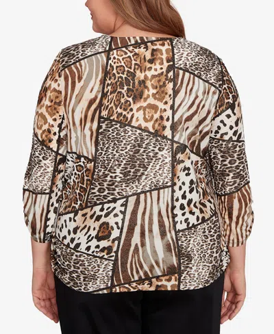 Alfred Dunner Plus Size Classic Puff Print Animal Colorblock Keyhole Neck Top In Brown