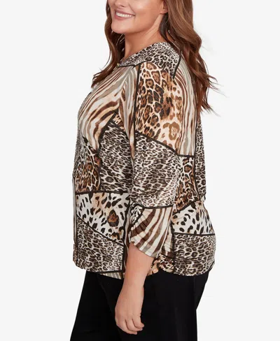 Alfred Dunner Plus Size Classic Puff Print Animal Colorblock Keyhole Neck Top In Brown