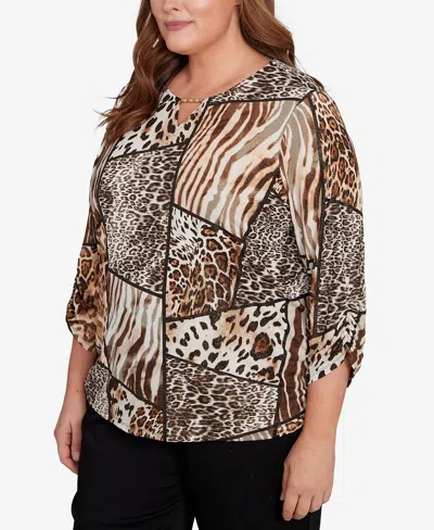 Alfred Dunner Plus Size Classic Puff Print Animal Colorblock Keyhole Neck Top In Brown