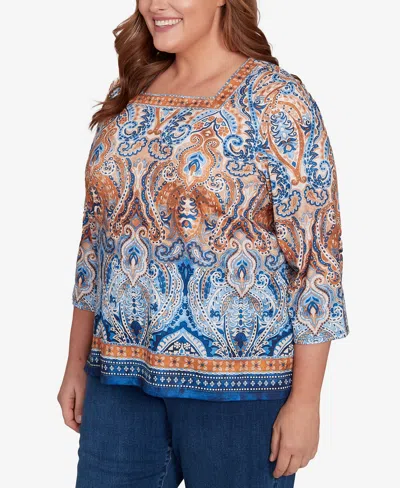 Alfred Dunner Plus Size Classic Medallion Bordered Square Neck Top In Multi