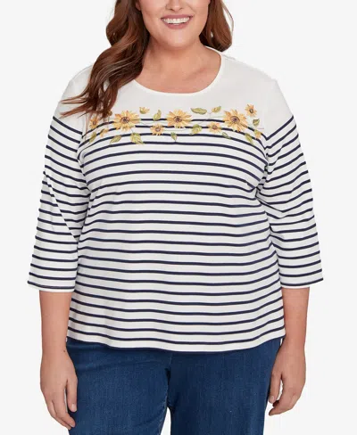 Alfred Dunner Plus Size Classic Sunflower Neckline Striped Top In White