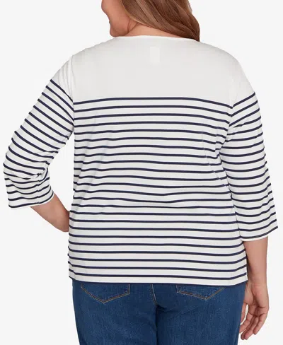 Alfred Dunner Plus Size Classic Sunflower Neckline Striped Top In White