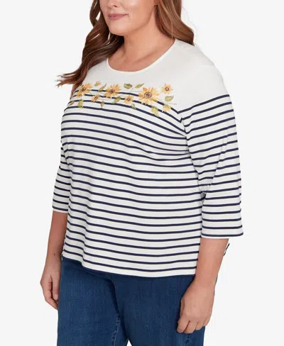 Alfred Dunner Plus Size Classic Sunflower Neckline Striped Top In White