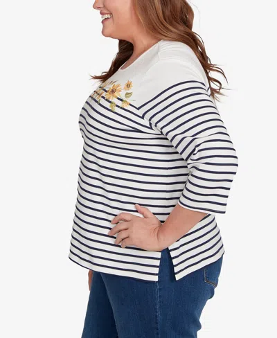 Alfred Dunner Plus Size Classic Sunflower Neckline Striped Top In White