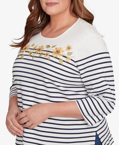 Alfred Dunner Plus Size Classic Sunflower Neckline Striped Top In White