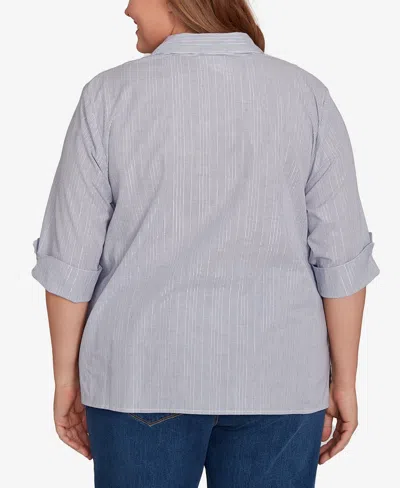 Alfred Dunner Plus Size Classic Diagonal Floral Metallic Stripe Button Front Top In Blue