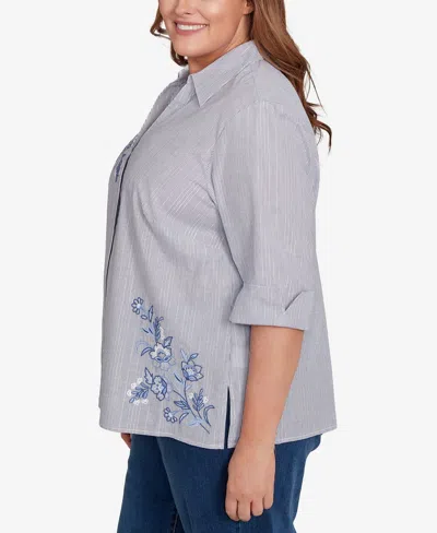 Alfred Dunner Plus Size Classic Diagonal Floral Metallic Stripe Button Front Top In Blue