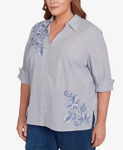 Alfred Dunner Plus Size Classic Diagonal Floral Metallic Stripe Button Front Top In Blue
