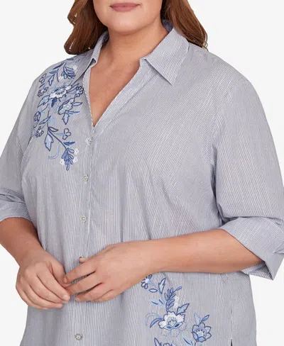 Alfred Dunner Plus Size Classic Diagonal Floral Metallic Stripe Button Front Top In Blue