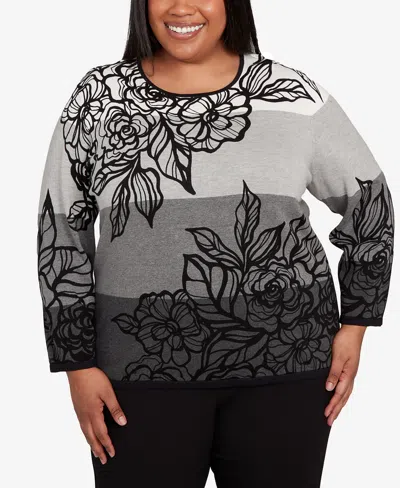 Alfred Dunner Plus Size Classic Ombre Floral Block Stripe Sweater In Gray