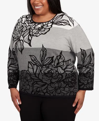 Alfred Dunner Plus Size Classic Ombre Floral Block Stripe Sweater In Gray