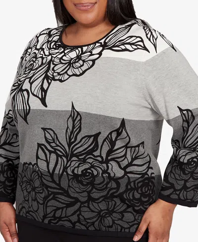 Alfred Dunner Plus Size Classic Ombre Floral Block Stripe Sweater In Gray