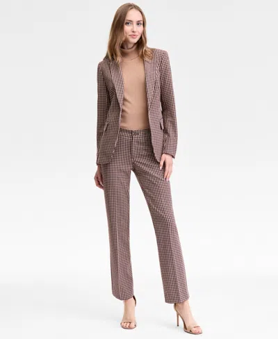 Anne Klein Single Button Blazer Turtleneck Sweater Houndstooth Print Pants In Pink