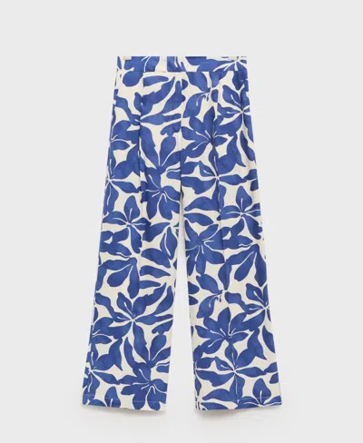 Mango Printed Linen-blend Pants In Blue