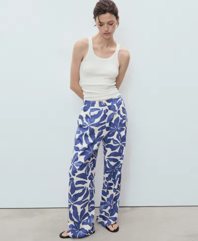Mango Printed Linen-blend Pants In Blue
