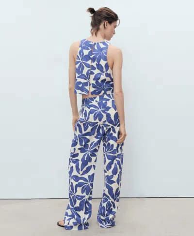 Mango Printed Linen-blend Pants In Blue