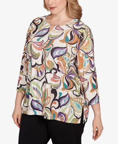 Alfred Dunner Plus Size Classic Abstract Scroll Split Neck Top In Multi