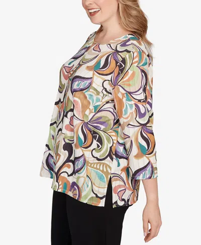 Alfred Dunner Plus Size Classic Abstract Scroll Split Neck Top In Multi