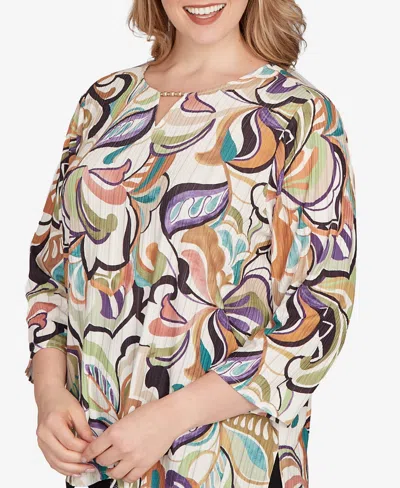 Alfred Dunner Plus Size Classic Abstract Scroll Split Neck Top In Multi
