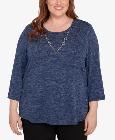 Alfred Dunner Plus Size Classic Melange Side Button Top In Blue