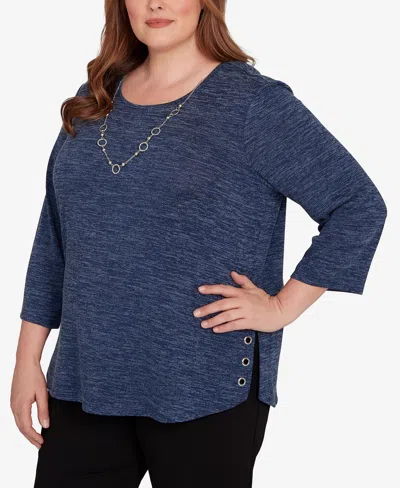 Alfred Dunner Plus Size Classic Melange Side Button Top In Blue